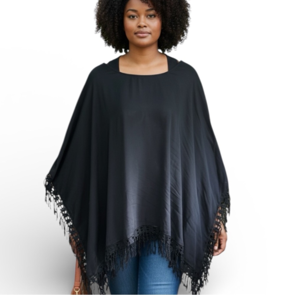Daniel Rainn Boho Fringe Poncho Blouse in Black with Dolman Sleeves  Size 1X